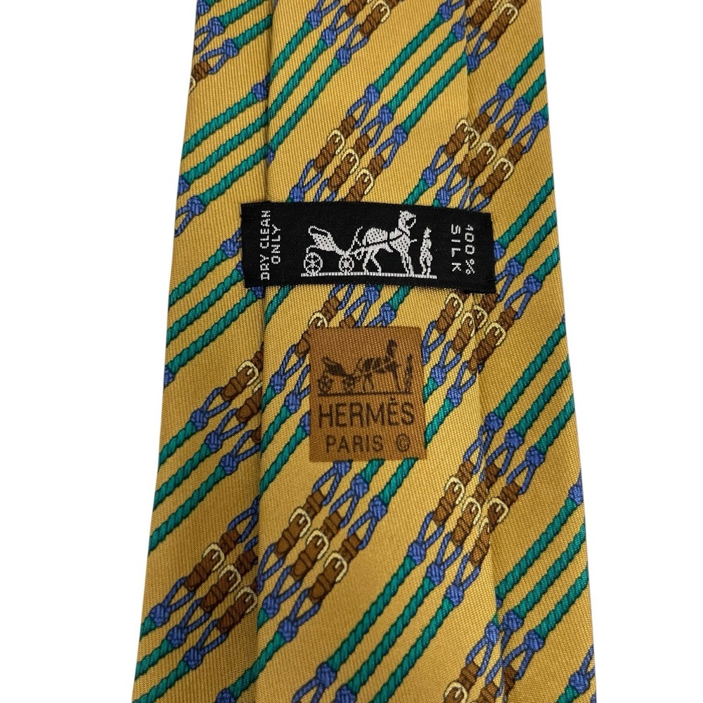 Hermes Men's Tie Equestrian Ropes Belts Gold/Green Silk 695 OA 3.5" x 56.5" euc
